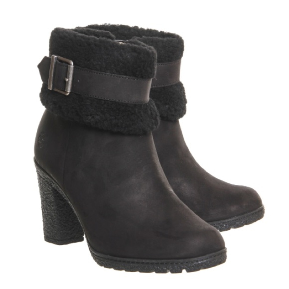 Timberland Women's Glancy Teddy Fleece Boots Booties Faux Fur Black Leather Sz 9
